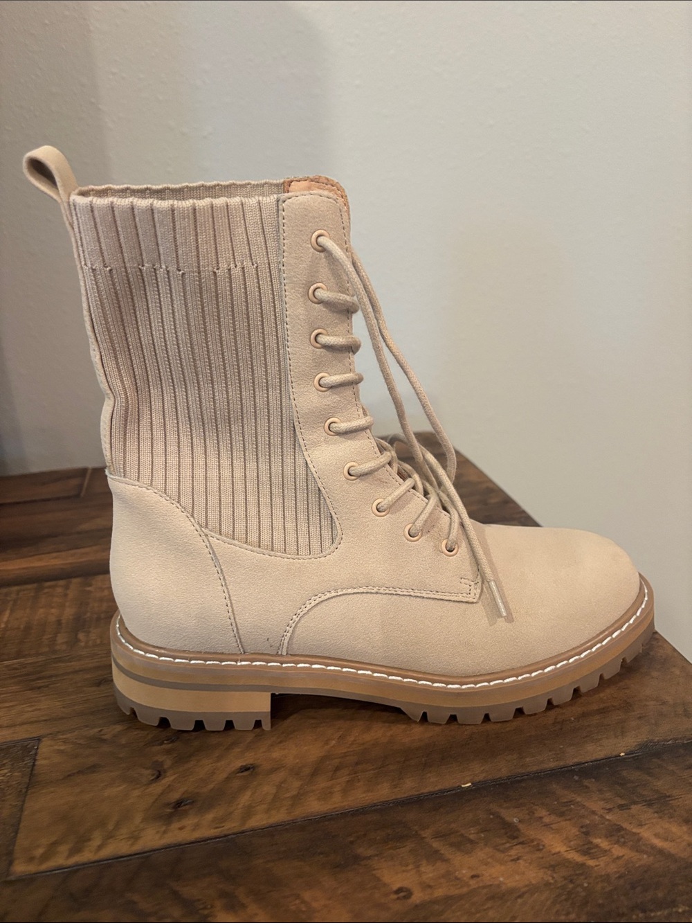 Beige Ribbed Lace-Up Combat Bootie